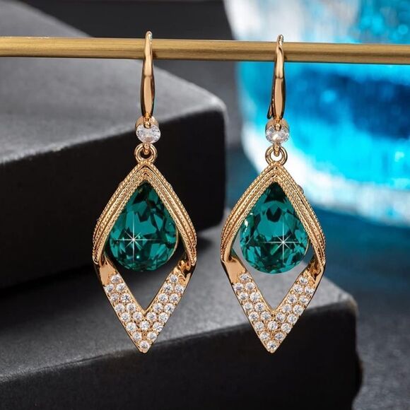 14K Yellow Gold with Emerald Green Austrian Crystal Halo Leaf Teardrop Earrings - Picture 4 of 7